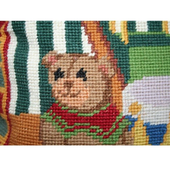 VTG Needlepoint Holiday Christmas Pillow Velvet Back Retro Classic Toys 13x13 - Picture 4 of 6